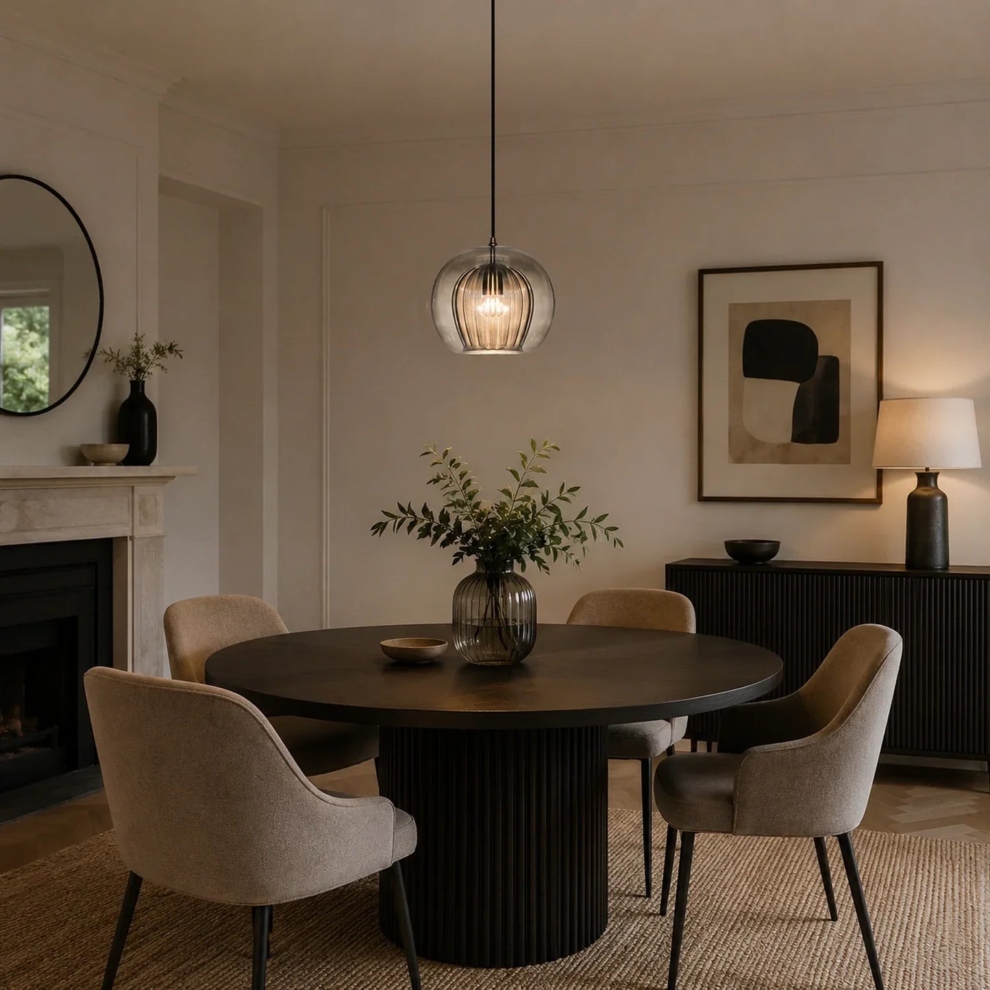 A 25cm smoky grey ribbed glass globe pendant light suspended over a dark round dining table in a modern, neutrally decorated dining room interior.