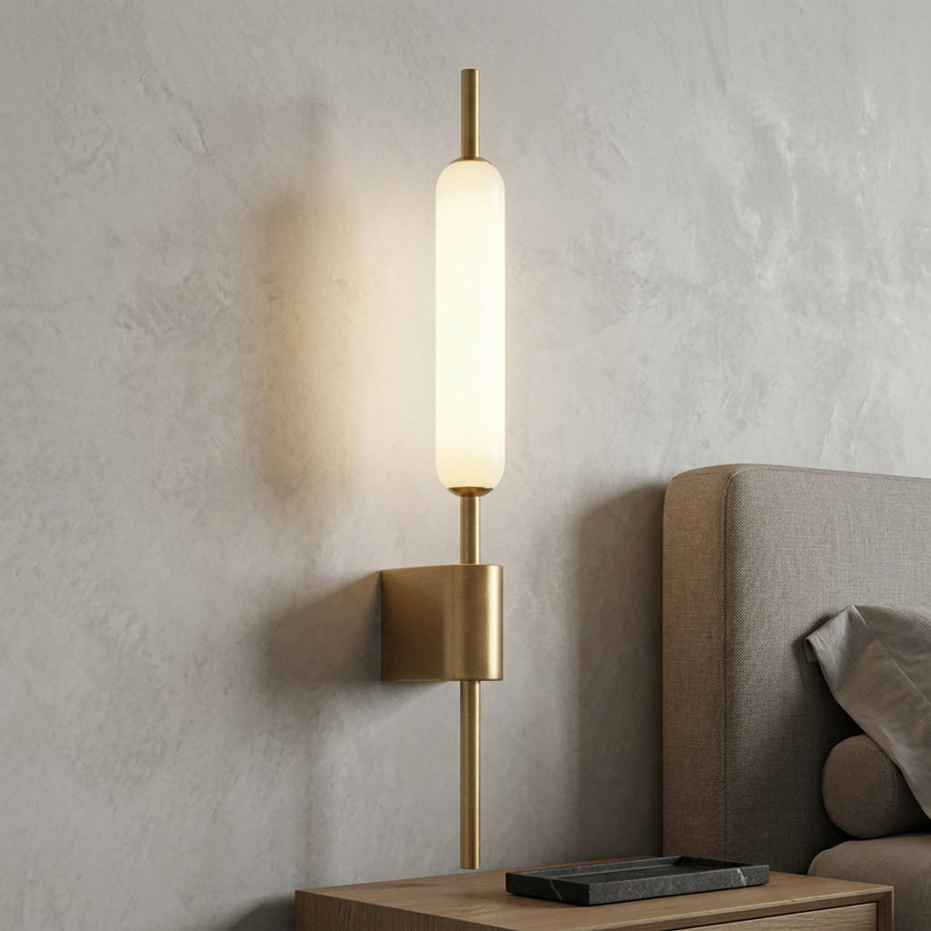 Double-head copper bedside wall light in an interior setting