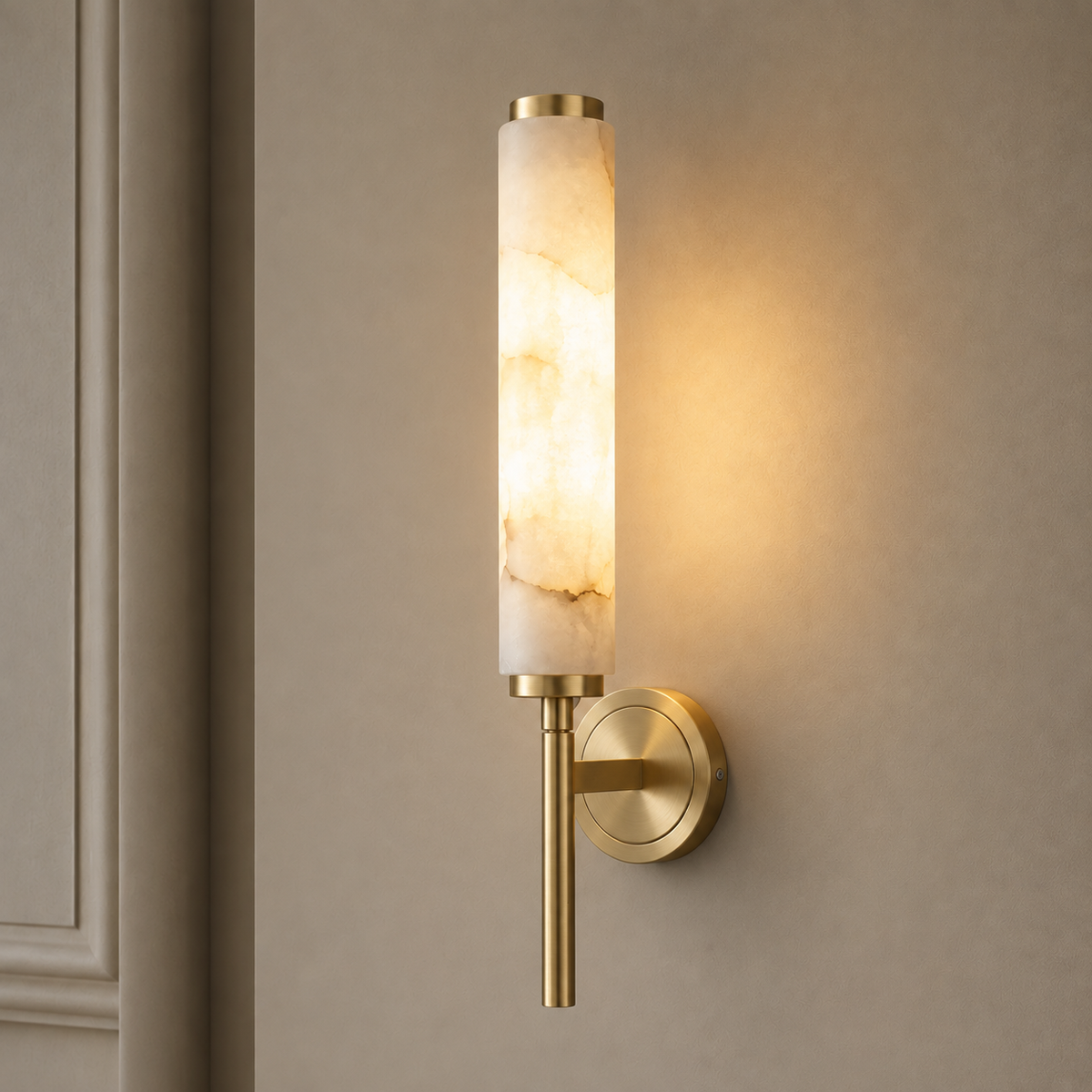 Single-head copper bedside wall light with marble-effect shade