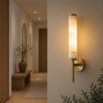 Wall-mounted copper bedside light with marble-effect shade
