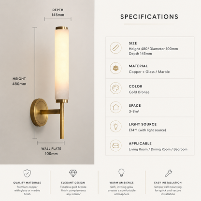 Copper bedside wall light with marble-effect shade