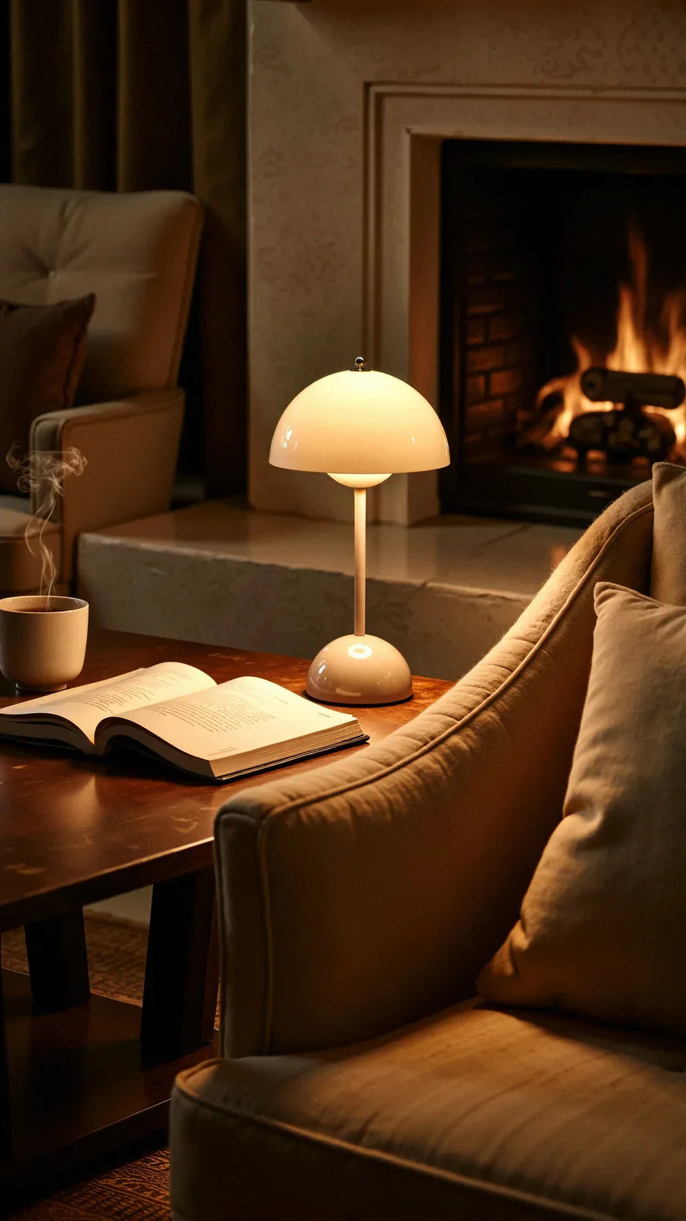 White dome lamp illuminating a table beside a chair