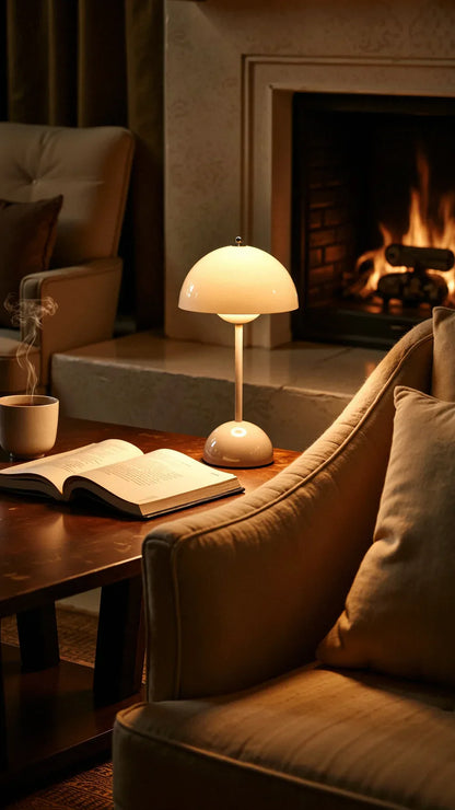 White dome lamp illuminating a table beside a chair