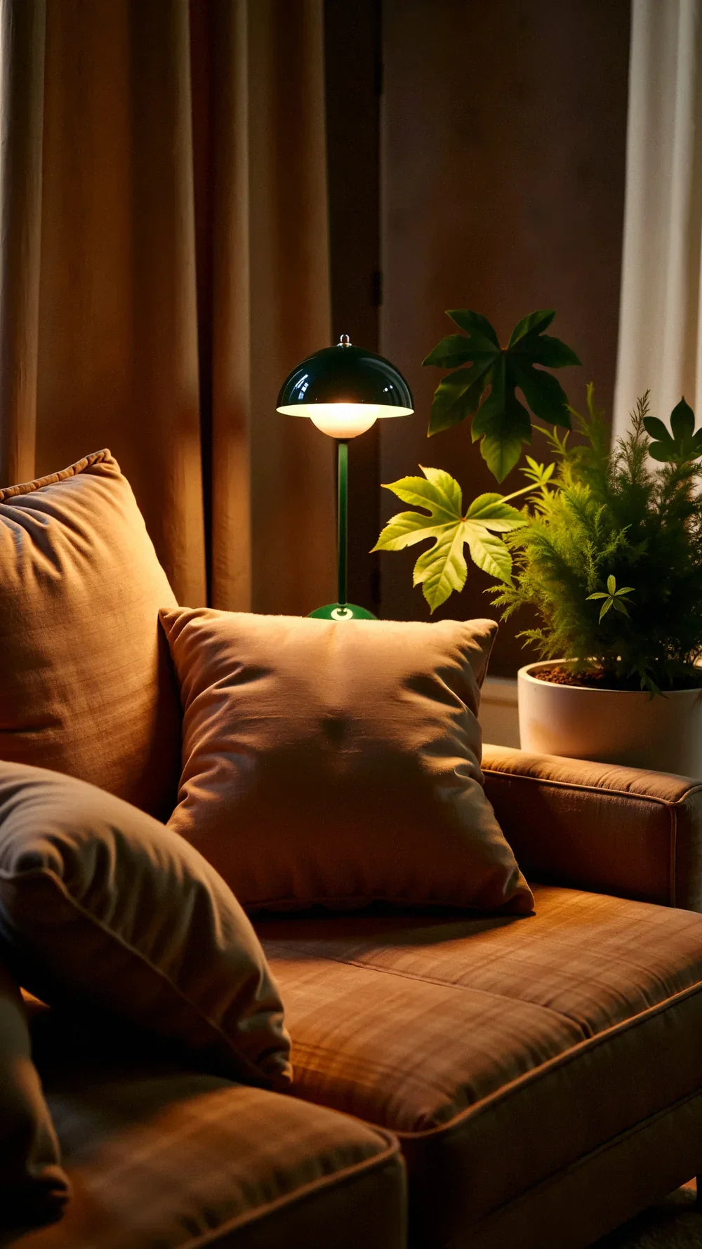 Green dome lamp beside an armchair
