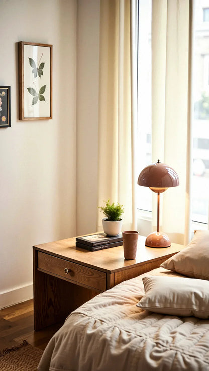 Red dome table lamp on a timber bedside cabinet