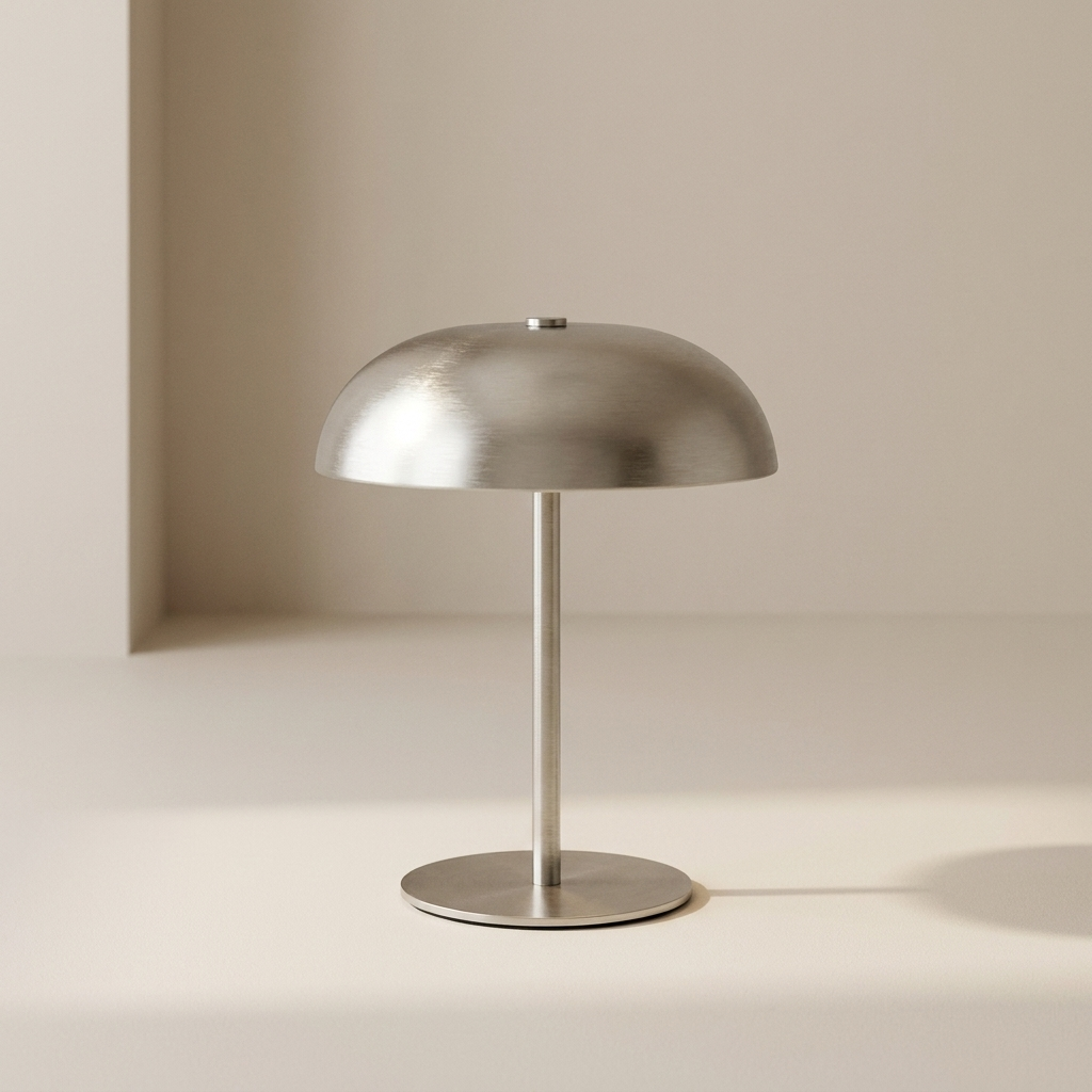 Silver cordless metal table lamp with dome shade
