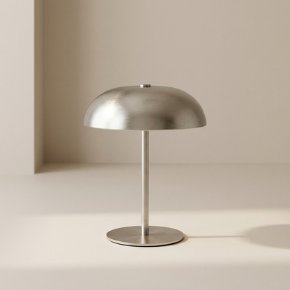Silver cordless metal table lamp with dome shade