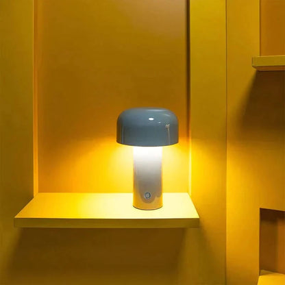 Gray mushroom lamp with warm illumination