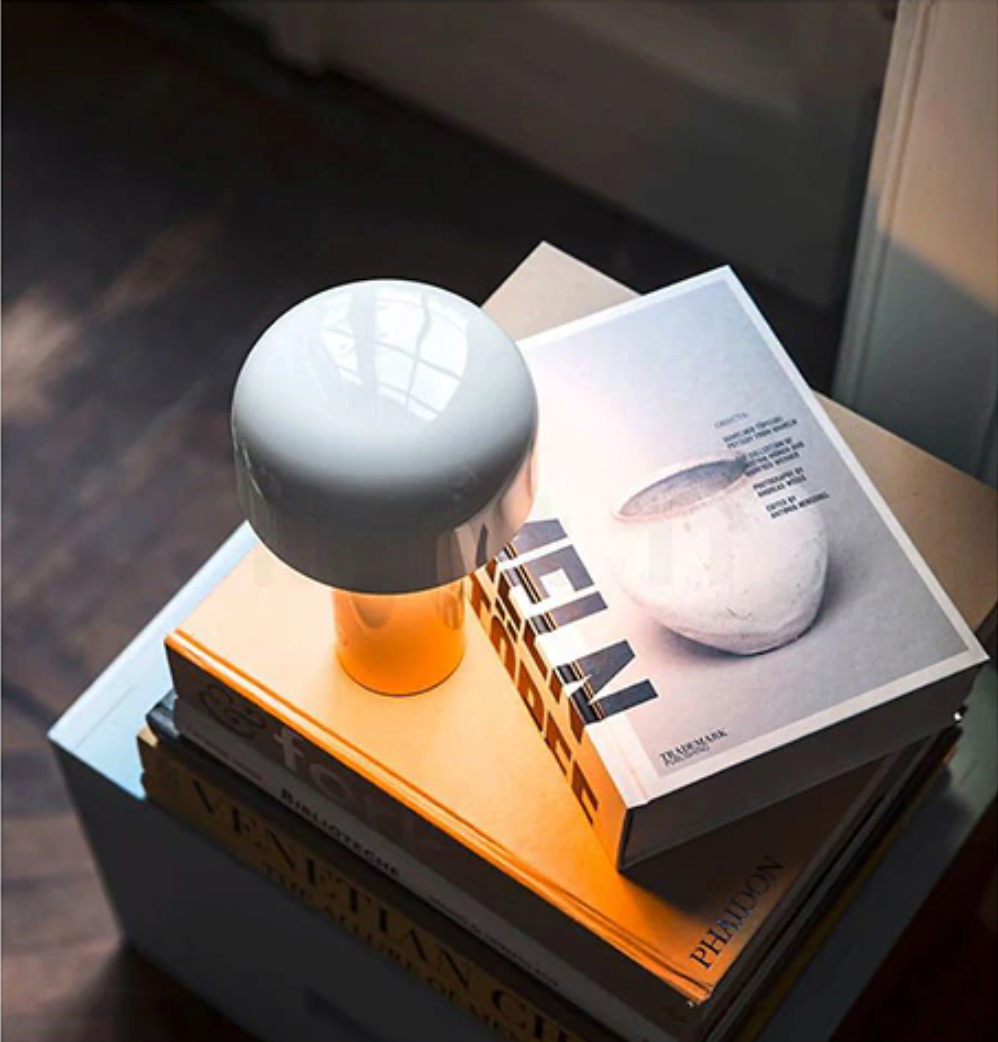 Gray cordless mushroom lamp beside books