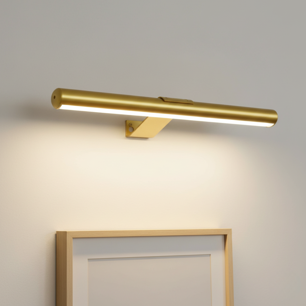 Gold cordless picture light illuminating a framed print