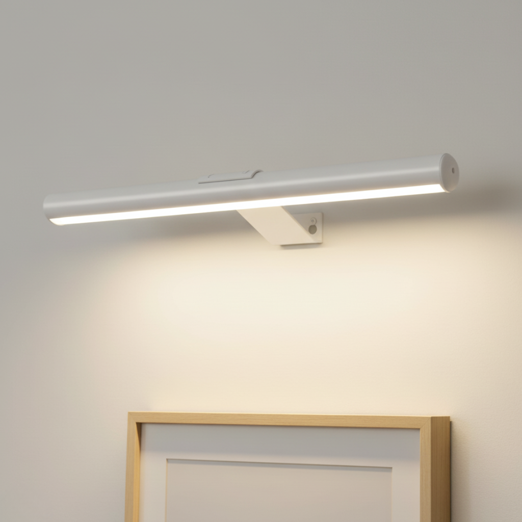 White rechargeable picture light casting light above a frame