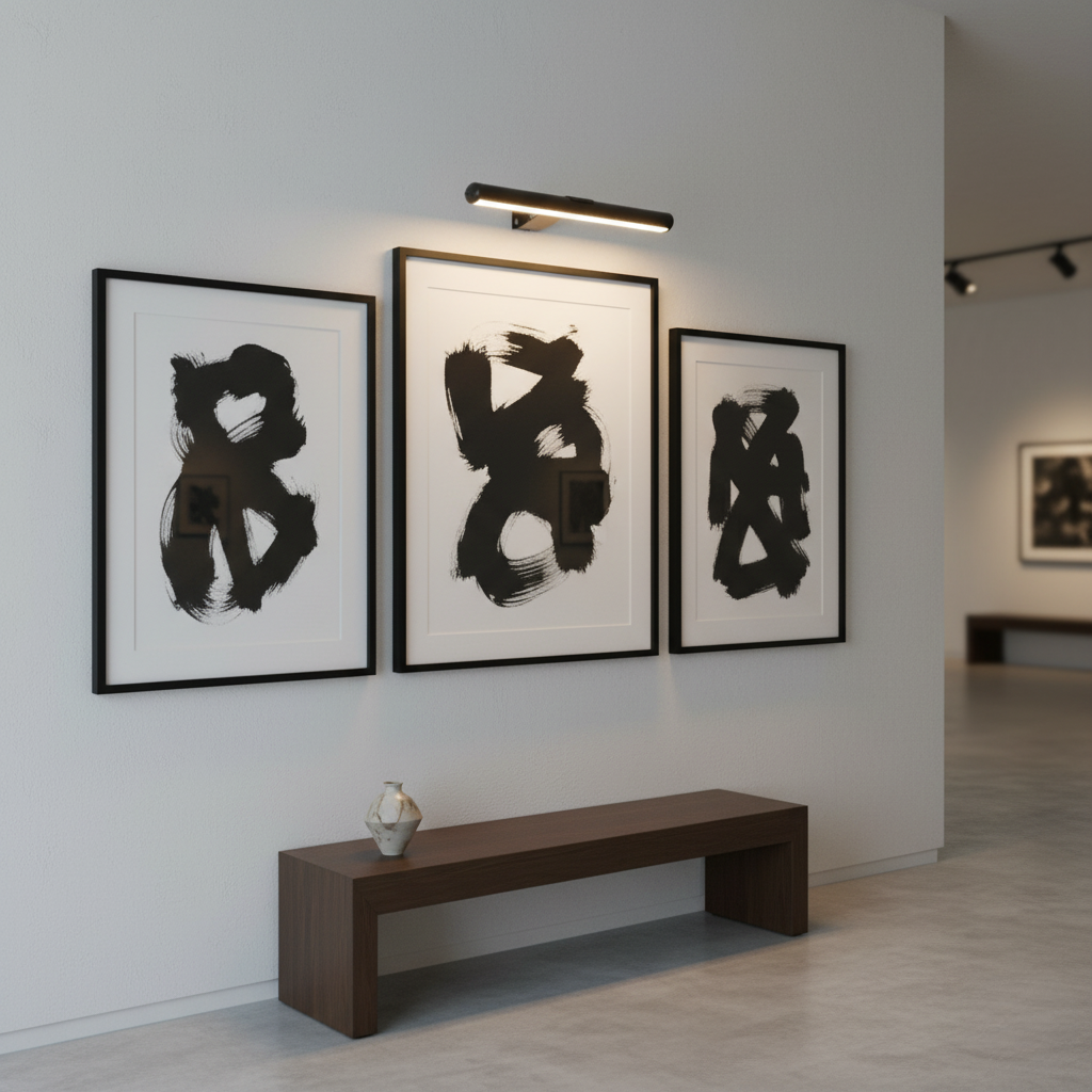 Cordless picture light above artwork in a hallway