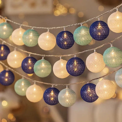 Blue and white cotton ball light strands hanging in rows