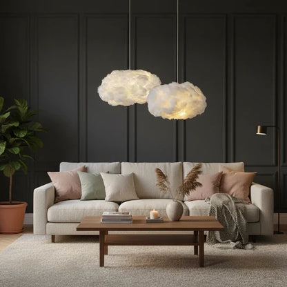 Cloud-shaped pendants above a living room sofa