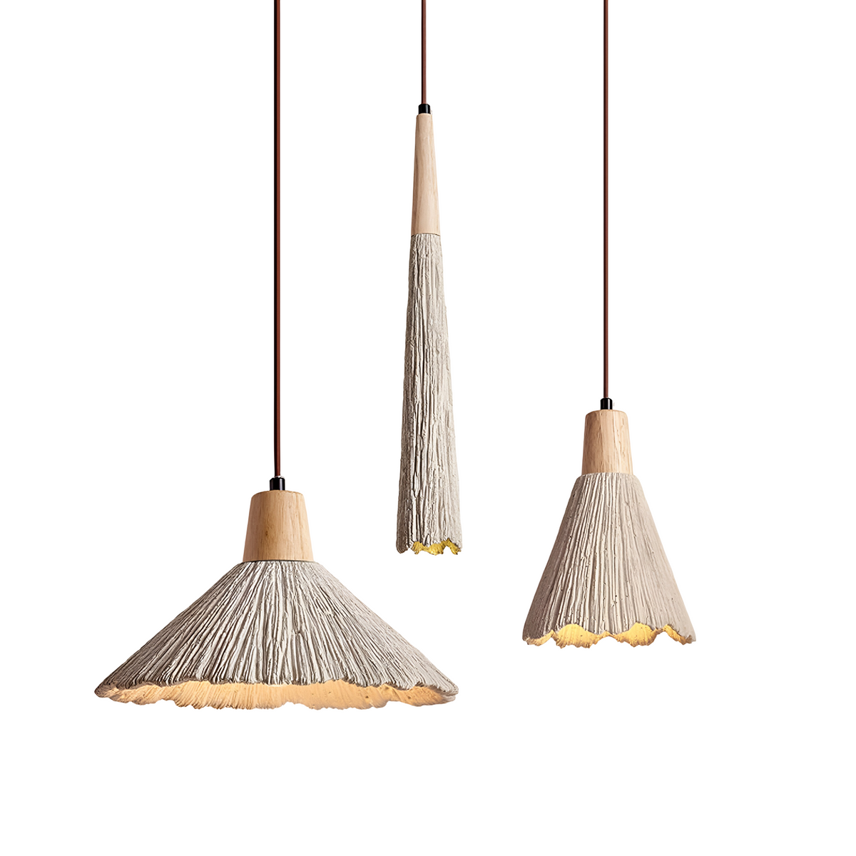 Cream textured pendant lights in slender and wide styles