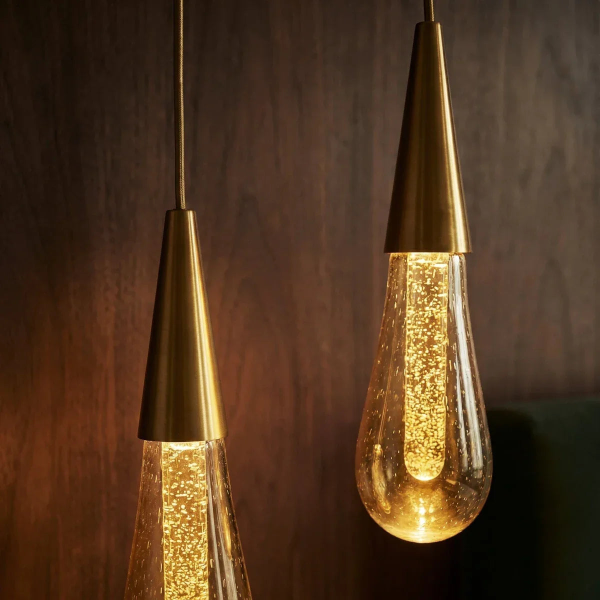 Close view of illuminated crystal teardrop shades