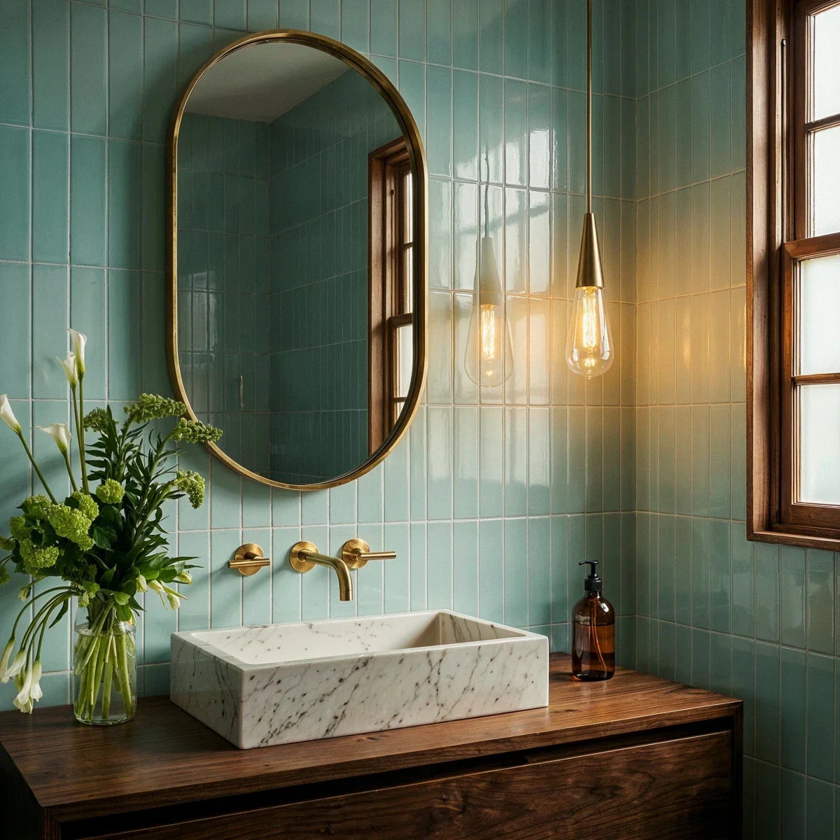 Crystal teardrop pendants beside a bathroom mirror