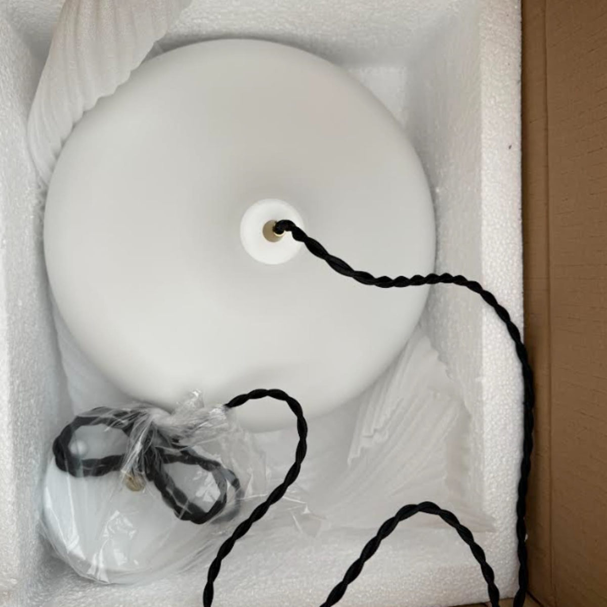 White pendant shade, ceiling canopy and cable in packaging