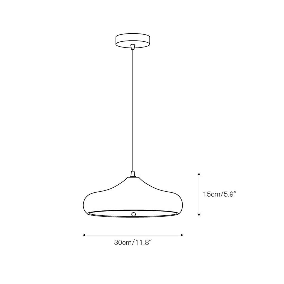 Curved pendant shade dimension diagram, 30cm by 15cm