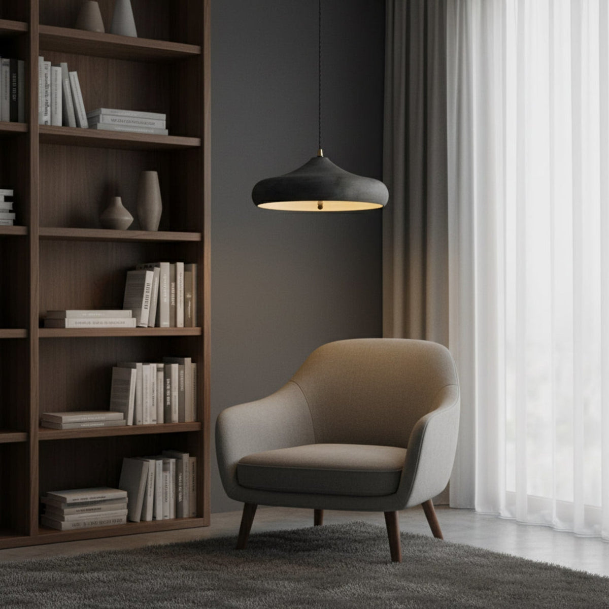 Dark iron pendant beside an armchair and shelving