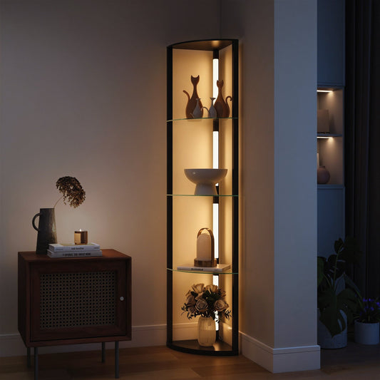 Black LED corner floor lamp with frosted glass shelves — 1