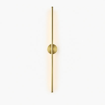 A sleek, vertical gold-toned LED wall light featuring a slim cylindrical bar mounted on a circular base, providing soft, modern illumination for interiors.