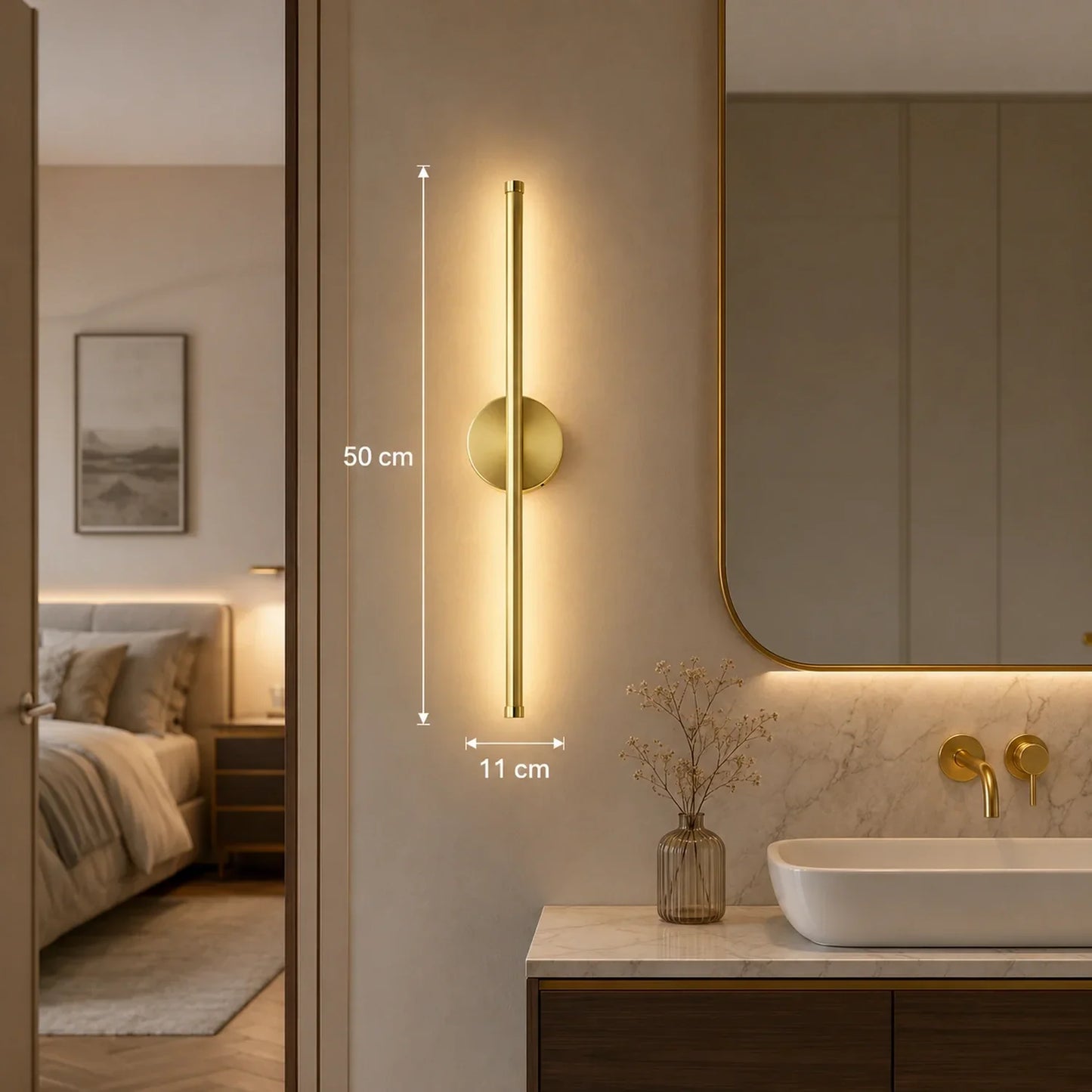 Modern 50cm gold dimmable LED wall light mounted in a bathroom, featuring a slim vertical design with warm illumination and touch control functionality.