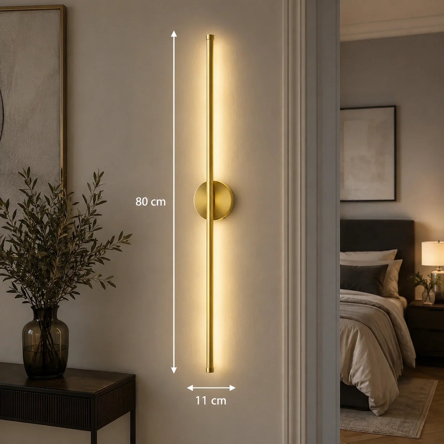 80cm gold dimmable LED wall light mounted vertically in a bedroom, featuring a slim modern design with touch control and warm ambient illumination.