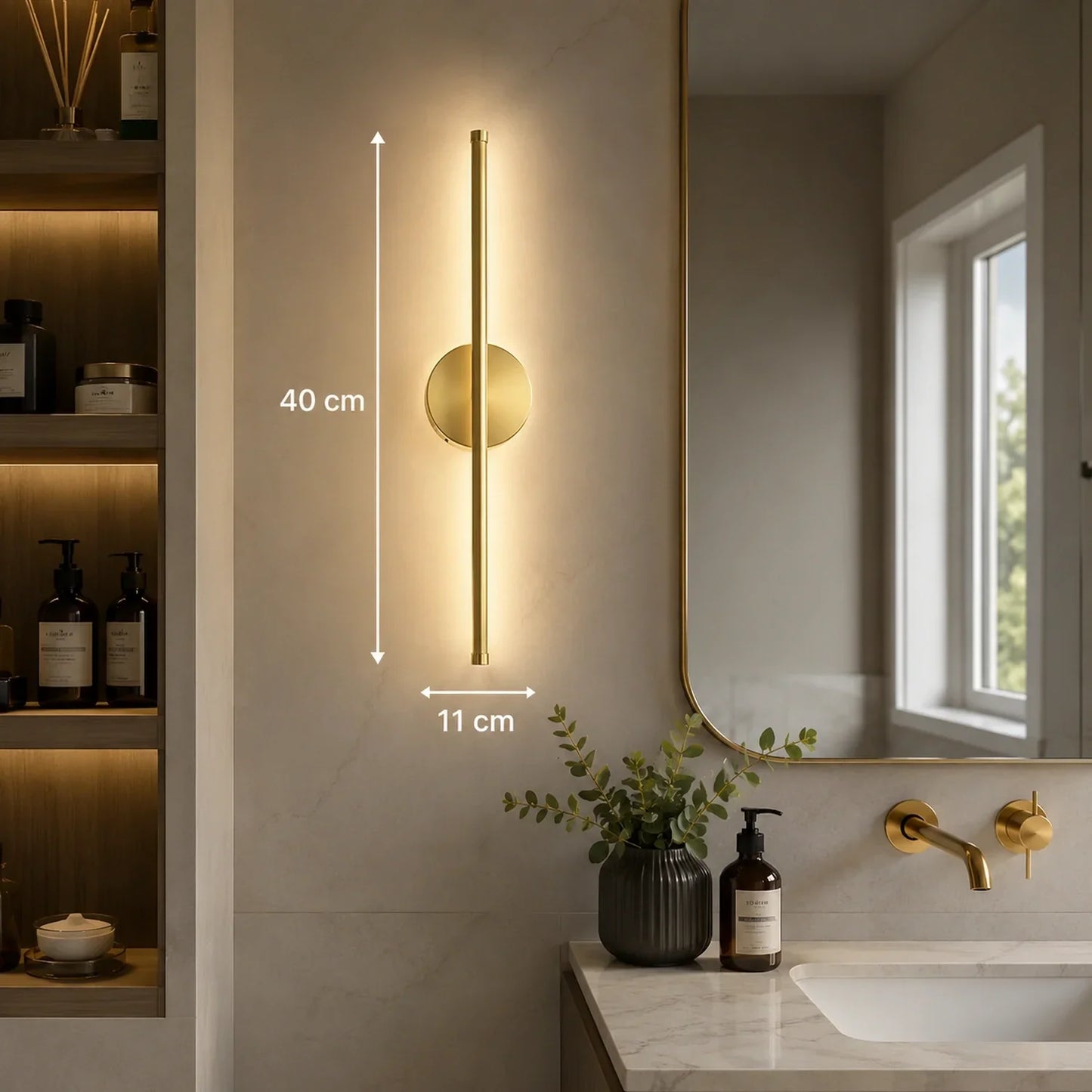 Modern 40cm gold LED wall light mounted in a bathroom, featuring a slim vertical design with warm illumination and clear dimension measurements.