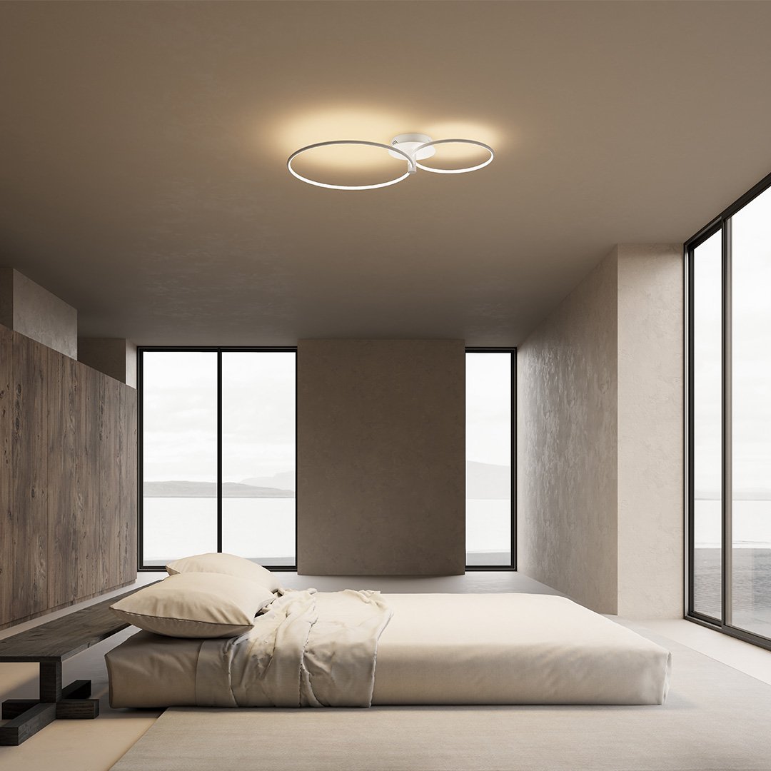 White twin-ring LED ceiling light above a bedroom