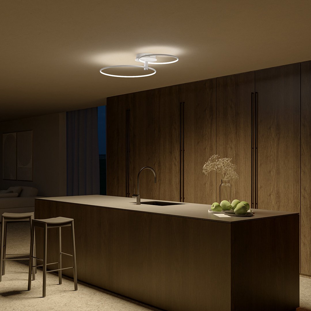 White twin-ring LED ceiling light above a kitchen island