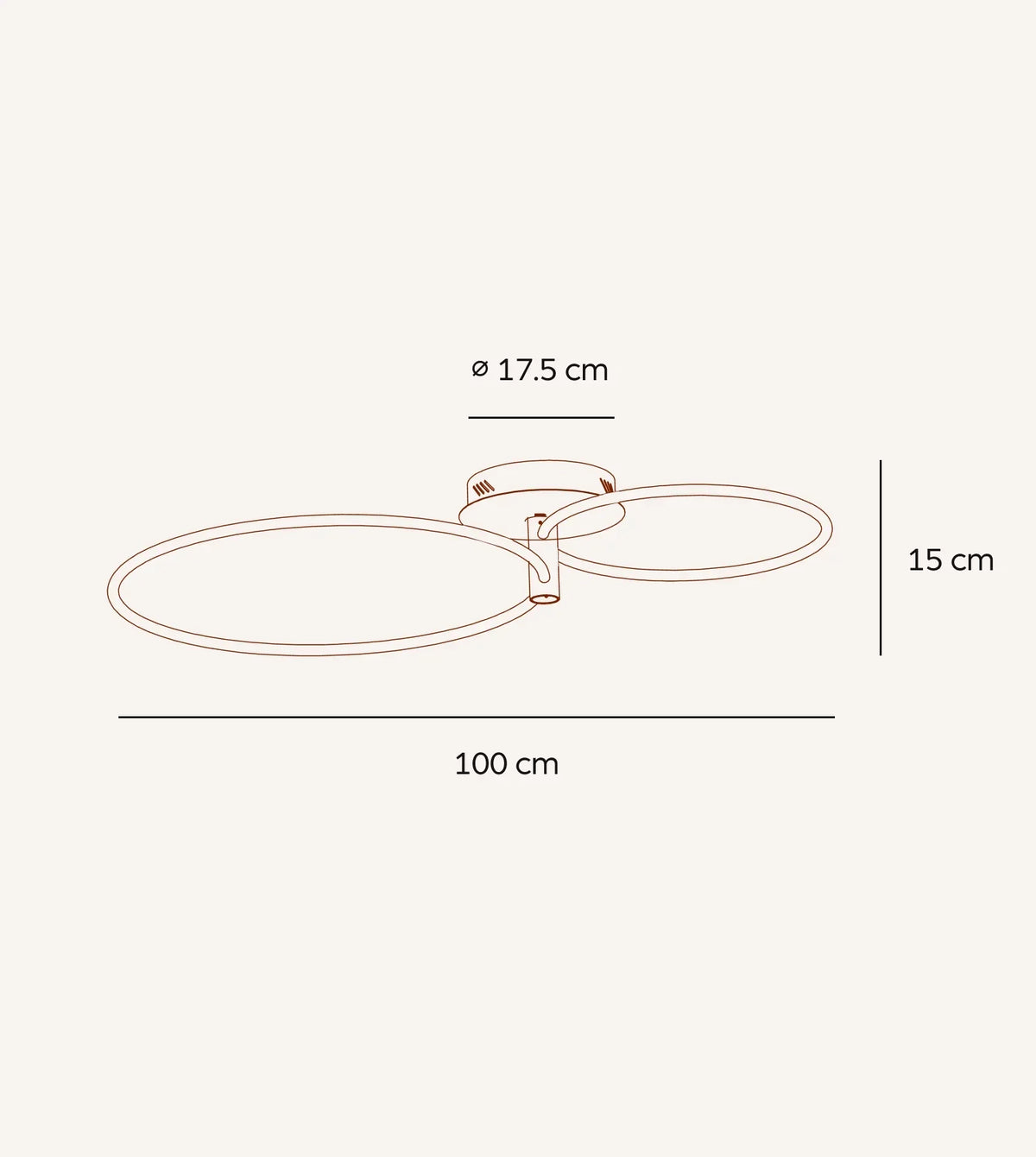Twin-ring ceiling light dimensions, 100 cm width and 15 cm height
