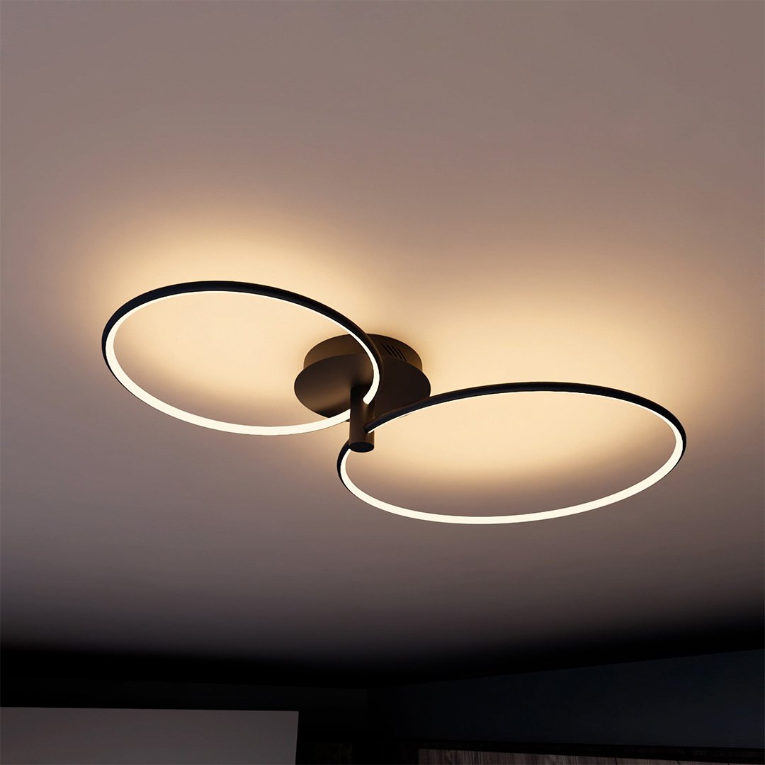 Black twin-ring LED ceiling light viewed from below