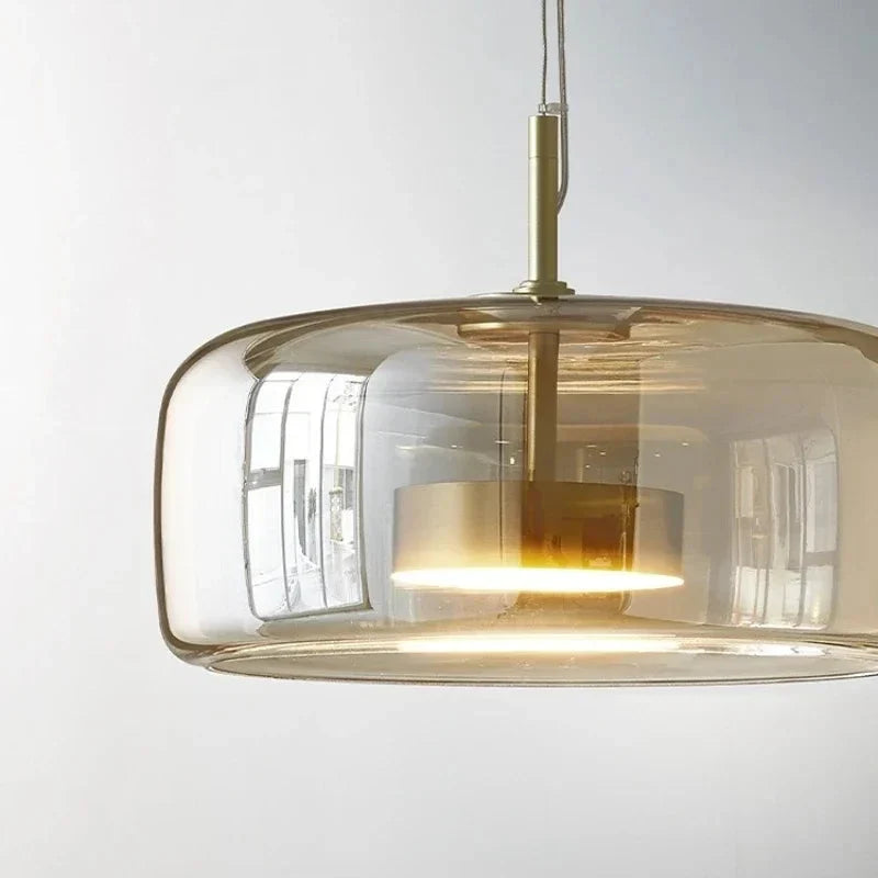 Wide glass dome pendant with an inner LED light