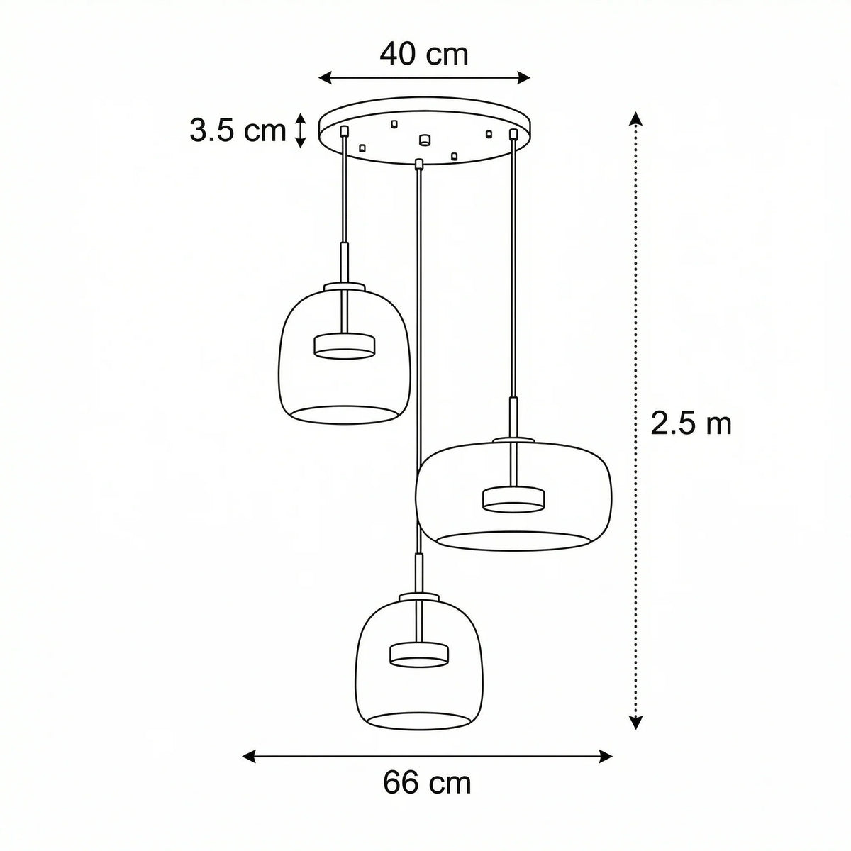 Three-light pendant set dimensions with 250 cm suspension