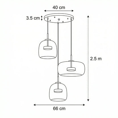 Three-light pendant set dimensions with 250 cm suspension