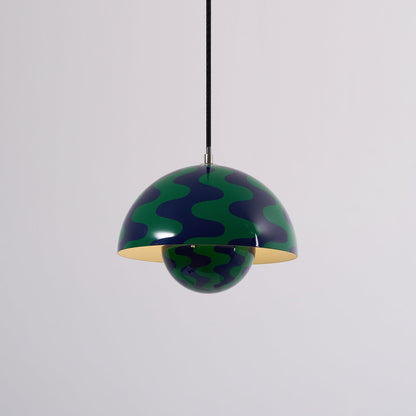 Illuminated blue and green patterned dome pendant