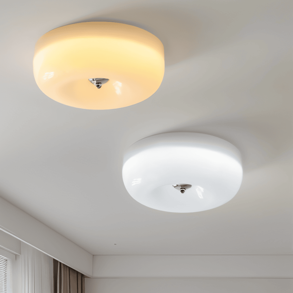 White and beige donut glass ceiling lights illuminated