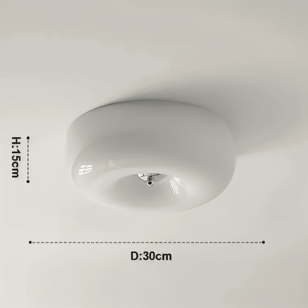 White donut glass ceiling light dimension graphic labelled 30 cm diameter and 15 cm height