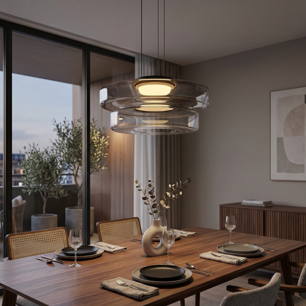 Double-layer smoke grey pendant light with warm LED