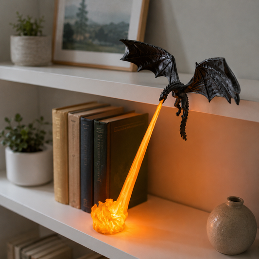 Dragon shelf lamp with illuminated flame on the shelf below