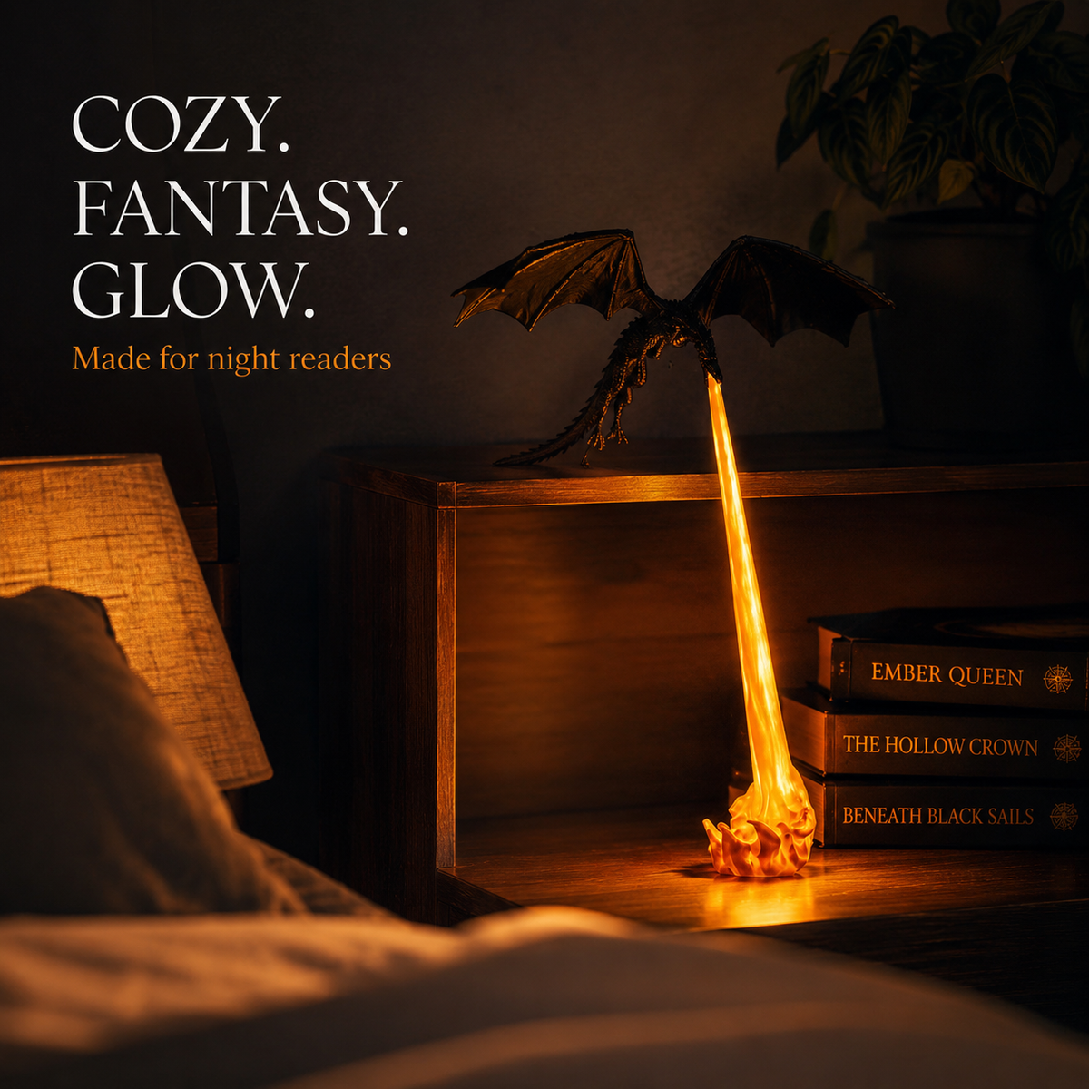 Dragon LED flame lamp in a cosy reading nook