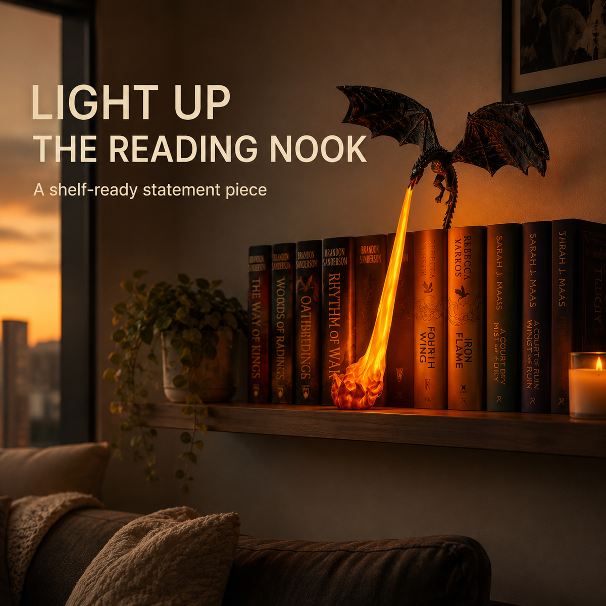 Dragon shelf figure above fantasy books with glowing flame