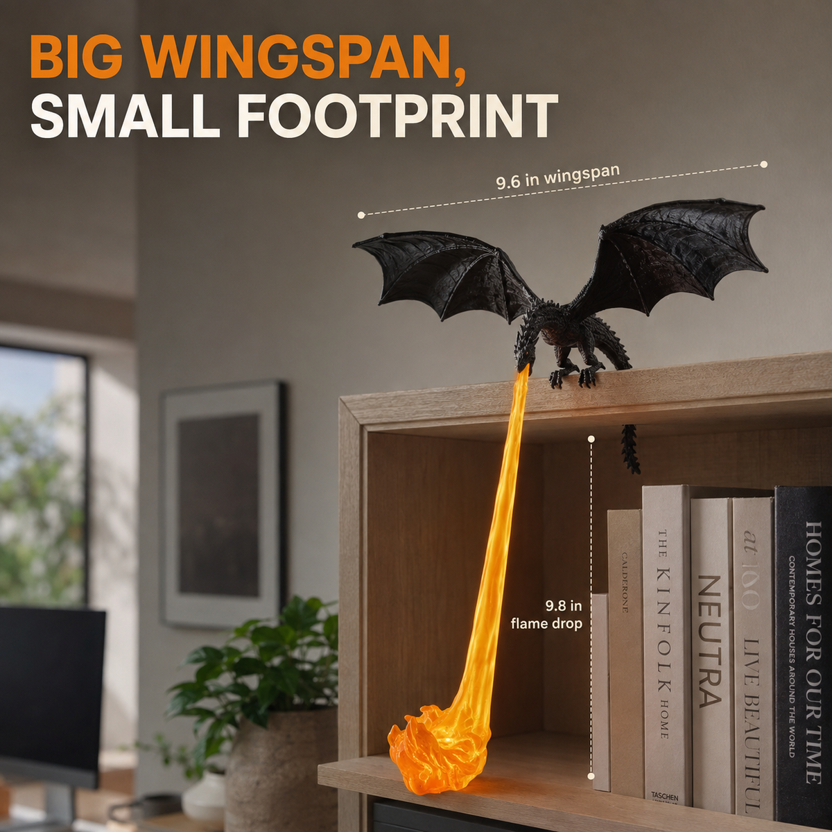 Dragon shelf lamp showing its wingspan and flame sculpture