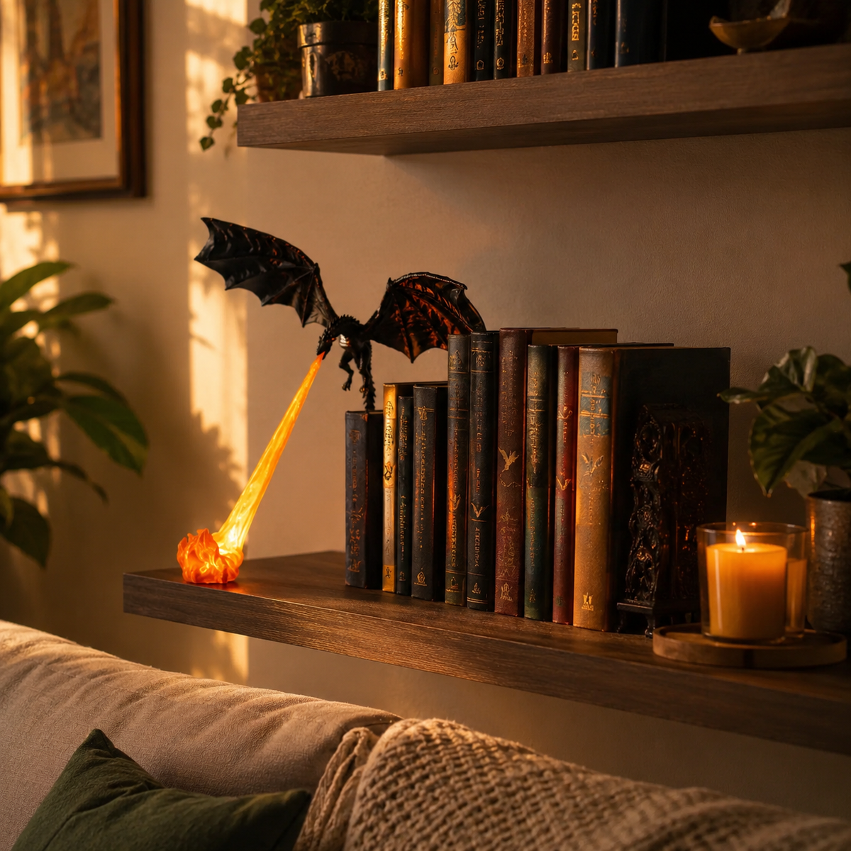 Dragon LED book guardian beside books on a shelf