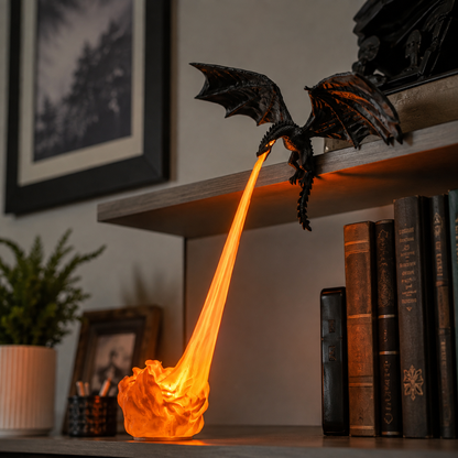 Close-up of dragon figure and illuminated flame sculpture