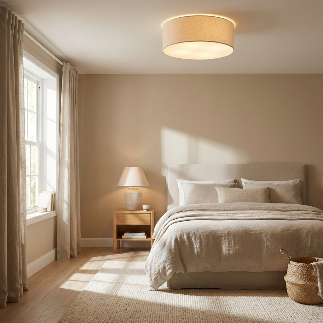Drum flush mount ceiling light above a bedroom