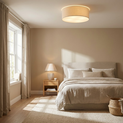 Drum flush mount ceiling light above a bedroom