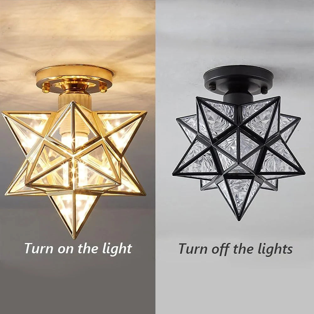 Five-pointed star flush mount ceiling light shown in gold with the light on and in black with the light off, featuring geometric iron and glass panels.