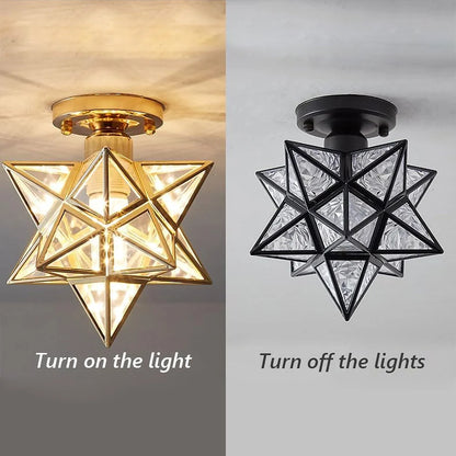 Five-pointed star flush mount ceiling light shown in gold with the light on and in black with the light off, featuring geometric iron and glass panels.